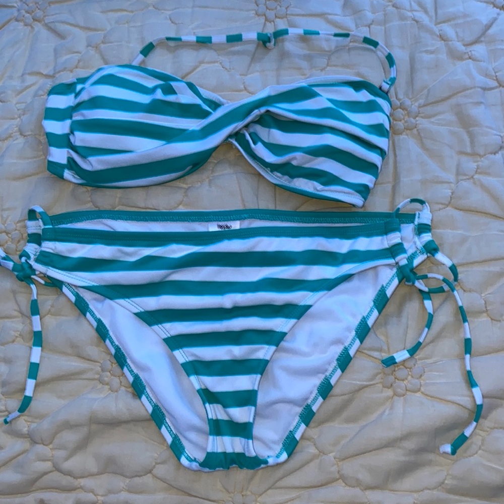 Green & White Striped Matching Swimsuit